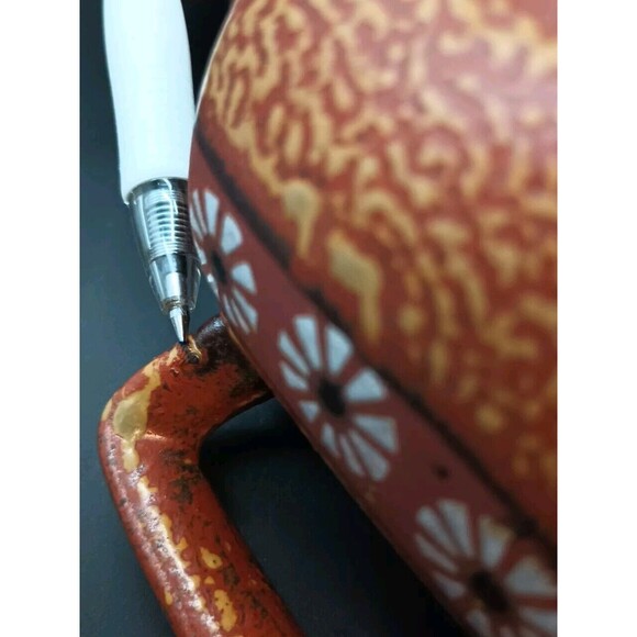 MCM Redware Mug Brown Yellow Floral Daisy Square Handle - Picture 8 of 8